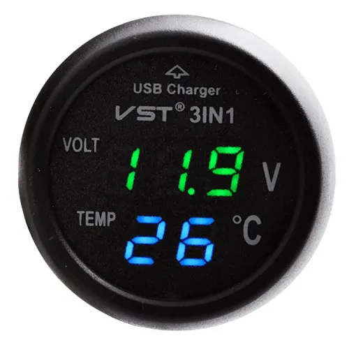 Автомобільний термометр – вольтметр із зарядним пристроєм USB 3 в 1 VST 706-4 у прикурювач авто 12-24В ∙ Зелені/сині цифри Автомобільний термометр – вольтметр із зарядним пристроєм USB 3 в 1 VST 706-4 у прикурювач авто 12-24В ∙ Зелені/сині цифри