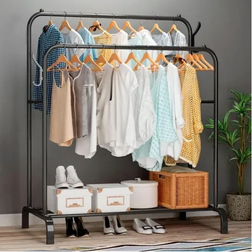 Подвійна стійка – вішалка для одягу Double floor Hanger з полицею для взуття, Ш104хГ41.5хВ152