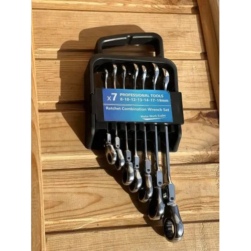 Набір ключів Wrench set ES-7 · Ключі комбіновані тріскачкові шарнірні, комплект з 7 штук 8-19 мм Набір ключів Wrench set ES-7 · Ключі комбіновані тріскачкові шарнірні, комплект з 7 штук 8-19 мм