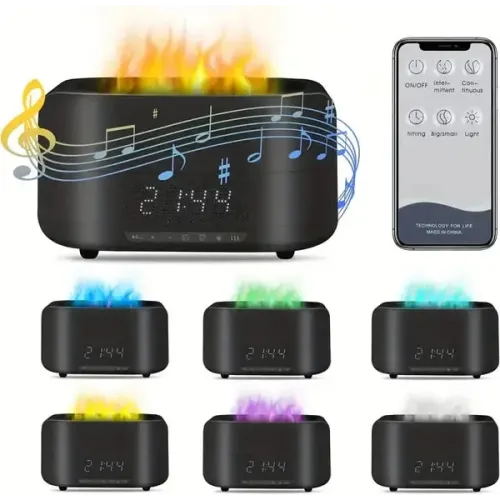 Зволожувач повітря ультразвуковий з ефектом полум’я та Bluetooth колонкою • Настільний зволожувач з LED годинником та будильником для дому та дитячої кімнати Зволожувач повітря ультразвуковий з ефектом полум’я та Bluetooth колонкою • Настільний зволожувач з LED годинником та будильником для дому та дитячої кімнати