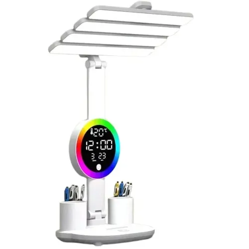 Настільна LED лампа KRX-104 з RGB-підсвіткою, вентилятором, годинником і підставкою • Акумуляторний настільний світильник 4-в-1 із сенсорним керуванням, 4 плафонами та дисплеєм для роботи, навчання і дому
