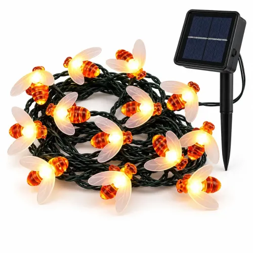 Сонячна гірлянда Бджоли 5 м 20 LED теплий білий • Садова LED-гірлянда Бджоли на сонячній панелі 5 метрів з 8 режимами світіння