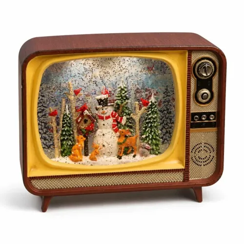 Ретро-телевізор XMAS WDL-24034B з музикою та сніговим вихором • новорічна настільна фігурка-нічник із 7 мелодіями, LED-підсвічуванням і живленням від USB або 3 батарейок AA